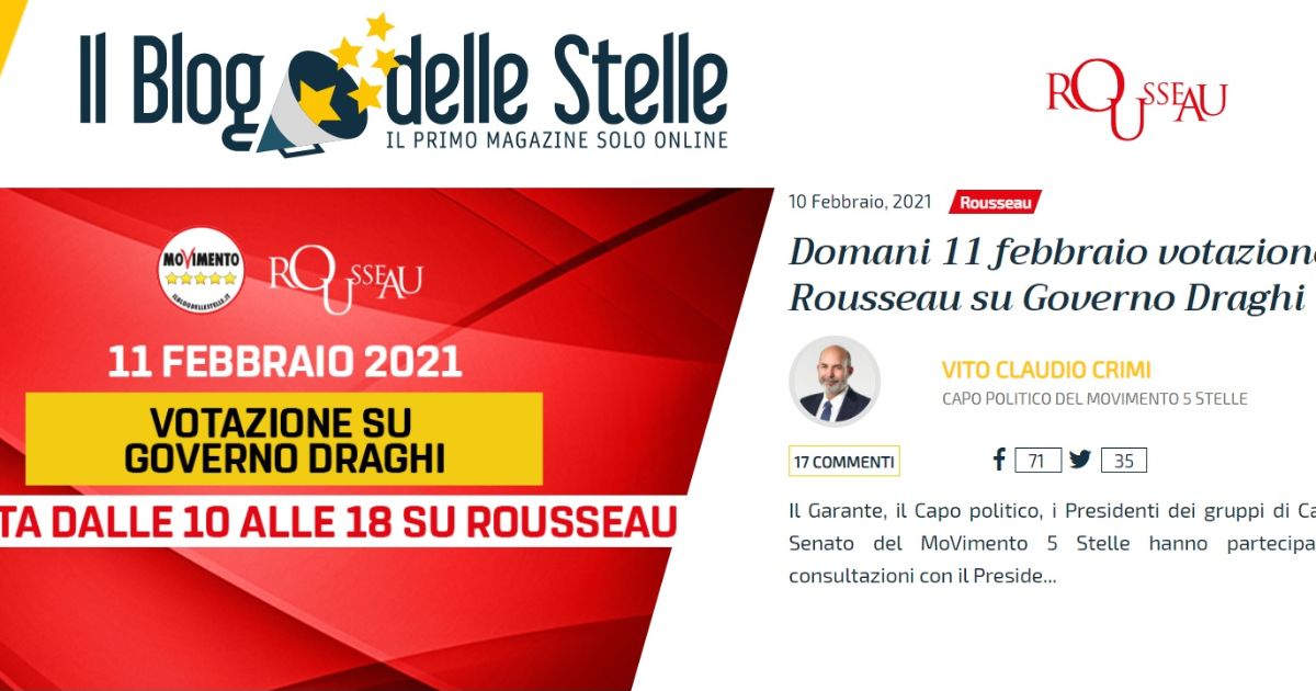 M5s, il quesito per il voto su Rousseau. Dal ministero green a prescrizione, Mes e reddito di cittadinanza: le garanzie chieste a Draghi