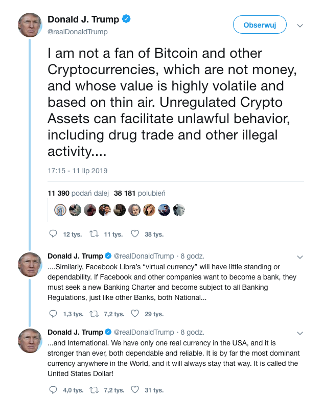 Trump o kryptowalutach: nie są pieniędzmi