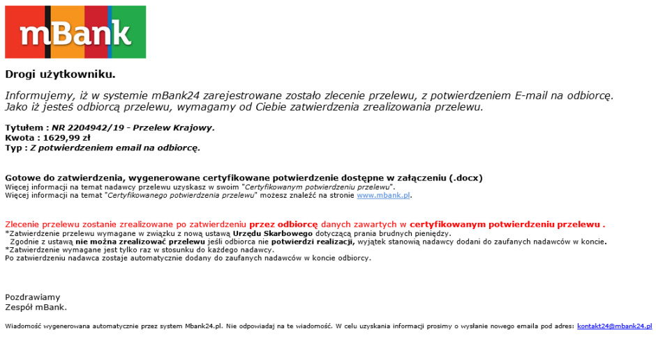 Przykładowy mail, który przesyłają cyberprzestępcy podszywający się pod mBank