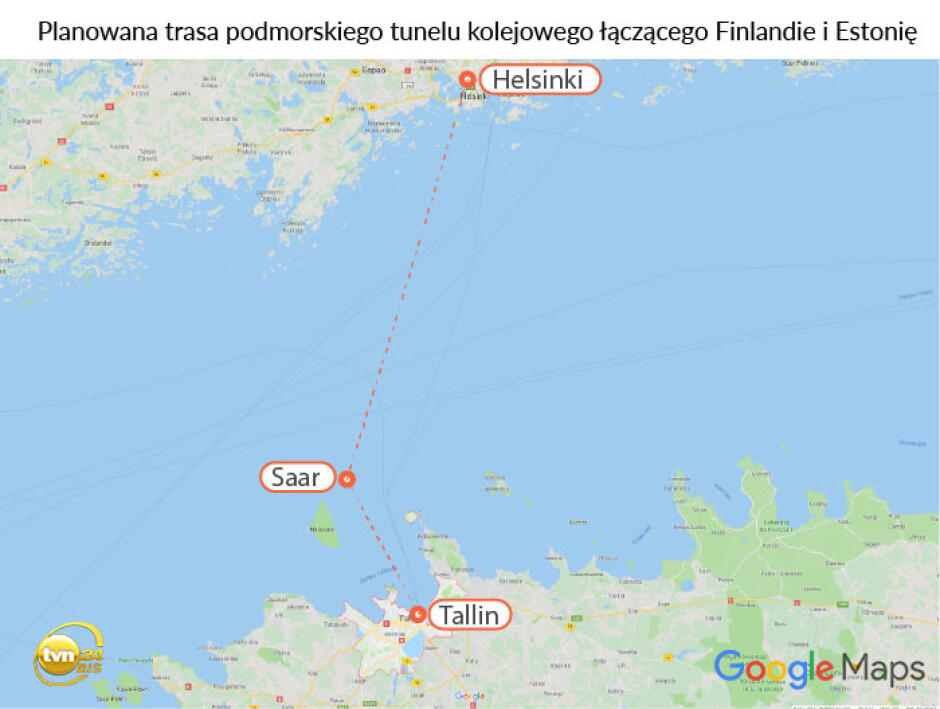 Planowana trasa podmorskiego tunelu kolejowego Helsinki-Tallin