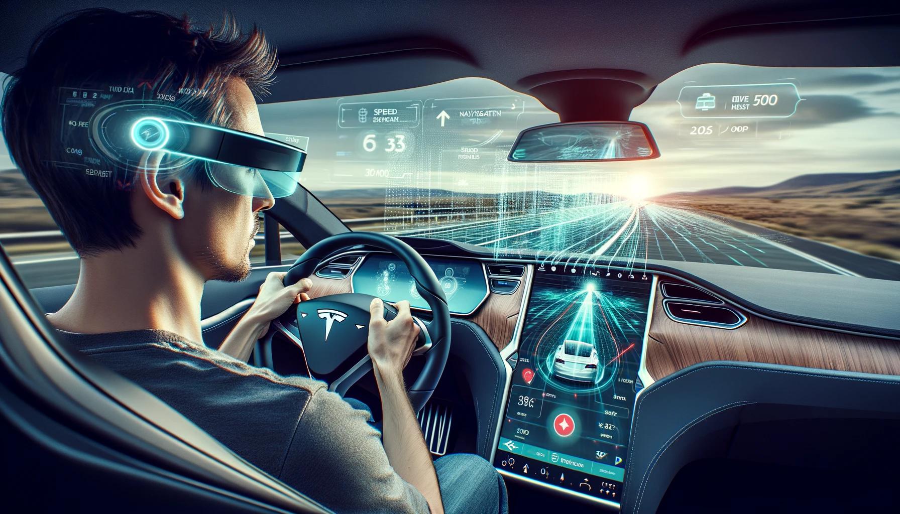A person driving a Tesla car while wearing augment wide