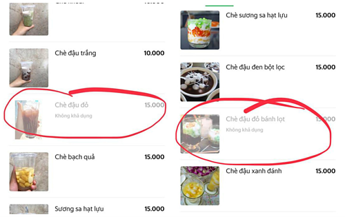 Người dùng chia sẻ ảnh không đặt được chè đậu đỏ trên GrabFood và GoFood chiều 7/8.