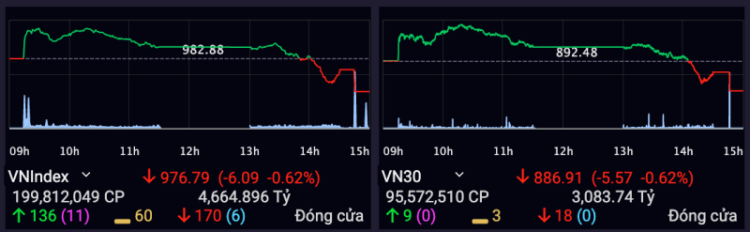 VN-Index mất mốc 980 sau khi giảm trên 6 điểm phiên hôm nay. Ảnh: SSI