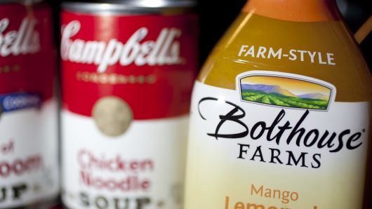 Campbell Soup Co. soup cans and Bolthouse Farms juices are arranged for a photograph in Washington, D.C.