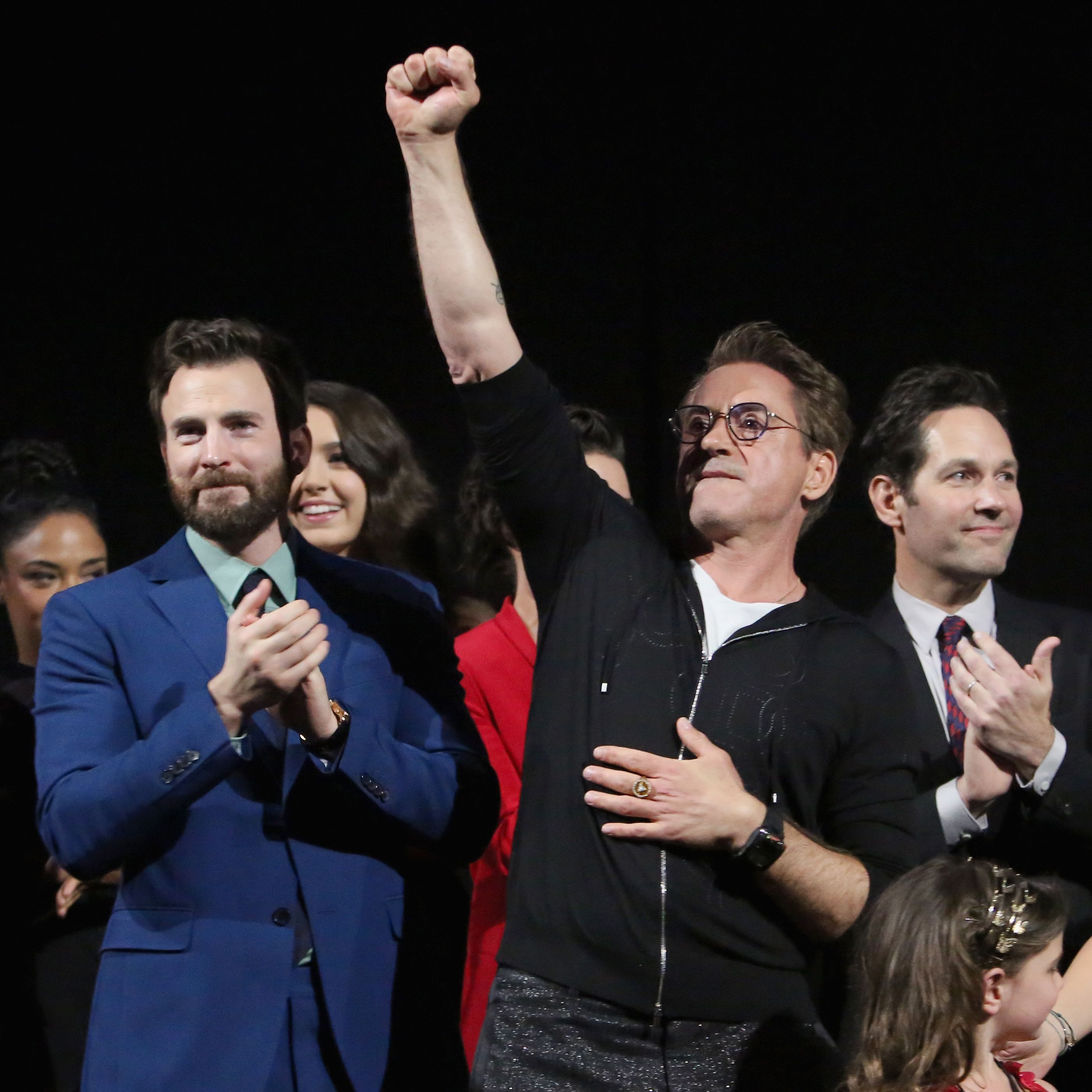(L-R) Chris Evans and Robert Downey Jr. speak onstage during the Los Angeles World Premiere of Marvel Studios' 'Avengers: Endgame' at the Los Angeles Convention Center on April 23, 2019 in Los Angeles, California.