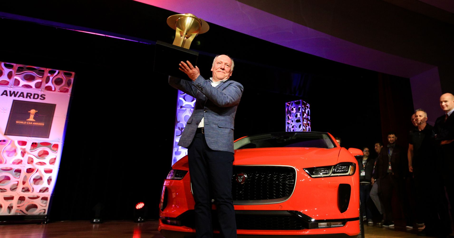 Ian Callum and the Jaguar I-Pace accept the award for the 2019 World Car Award at the New York Auto Show in New York on April 17th, 2019.