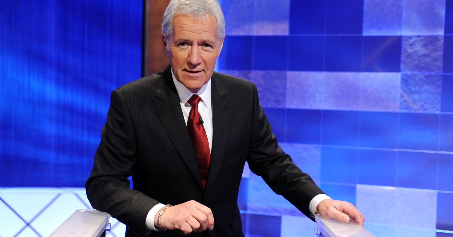 Game show host Alex Trebek poses on the set of the 'Jeopardy!' Million Dollar Celebrity Invitational Tournament Show Taping on April 17, 2010 in Culver City, California.