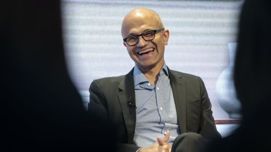 Microsoft CEO Satya Nadella reacts during a panel session on day three of the World Economic Forum in Davos, Switzerland, on Jan. 24, 2019.