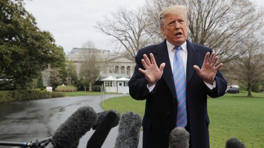 U.S. President Donald Trump talks to reporters as he leaves the White House April 05, 2019 in Washington, DC.