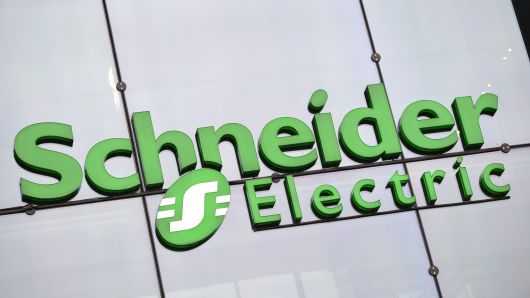 The logo of electricity distribution and energy management group Schneider Electric is pictured on Sept 4, 2014 at the company