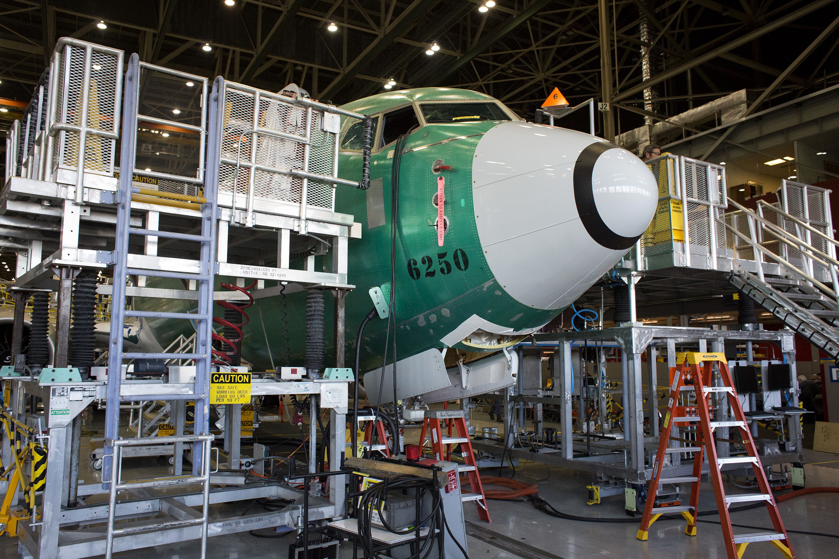 The nose of a Boeing Co. 737 MAX 9 jetliner sits during production at the company's manufacturing facility in Renton, Washington.
