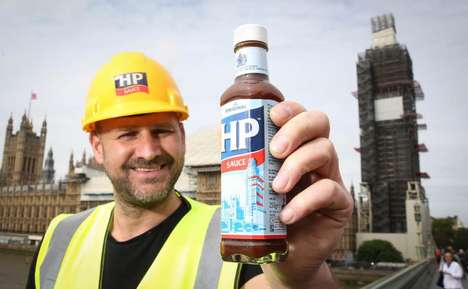Construction-Depicting Condiment Bottles : hp sauce