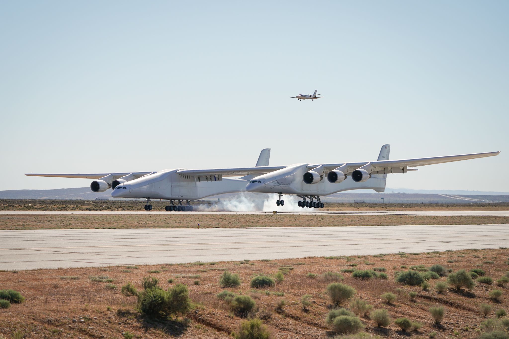 Stratolaunch, the world's largest airplane, lands at the Mojave Air and Space Port in California after its first successful flight on April 13, 2019.