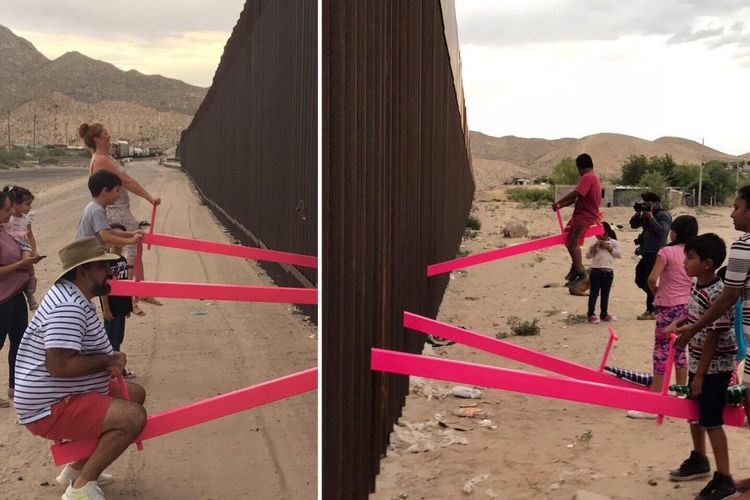 Anti-Trump seesaw by architect duo unites children on US-Mexico border